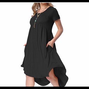 Scoop Neck High Low Pleated Loose Swing Midi Dress